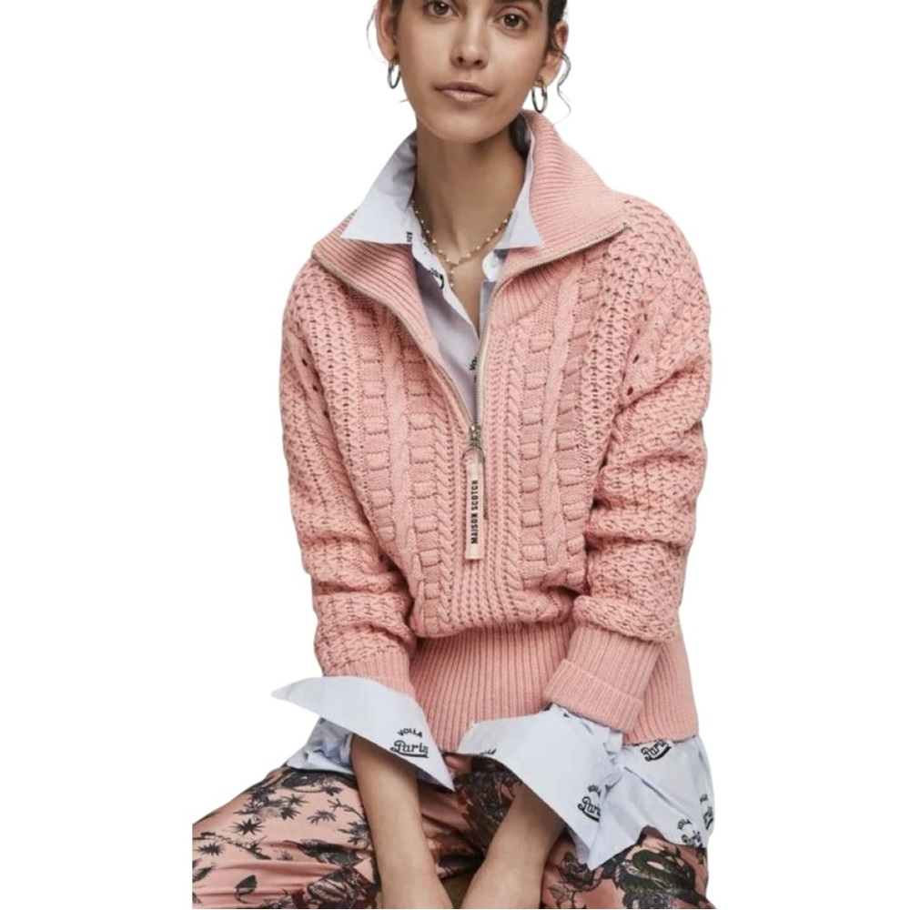 Scotch & Soda Maison Scotch Pink Chunky Knit Funnel Half-Zip Anorak Sweater XS